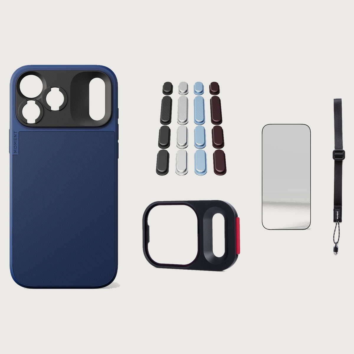 iphone-18-pro-max-case-essentials — Indigo case, Apple 2026 Pack (Black/Silver/Blue/Purple), Burgundy wrist strap (AR glass + CineClear UV; no drop-in / no cleaning kit)