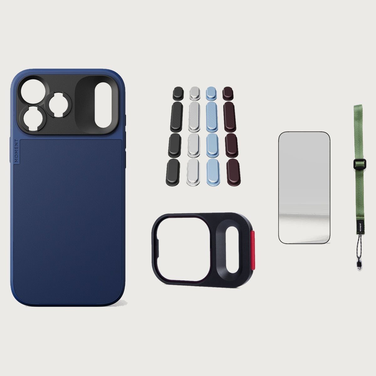 iphone-18-pro-max-case-essentials — Indigo case, Apple 2026 Pack (Black/Silver/Blue/Purple), Olive wrist strap (AR glass + CineClear UV; no drop-in / no cleaning kit)