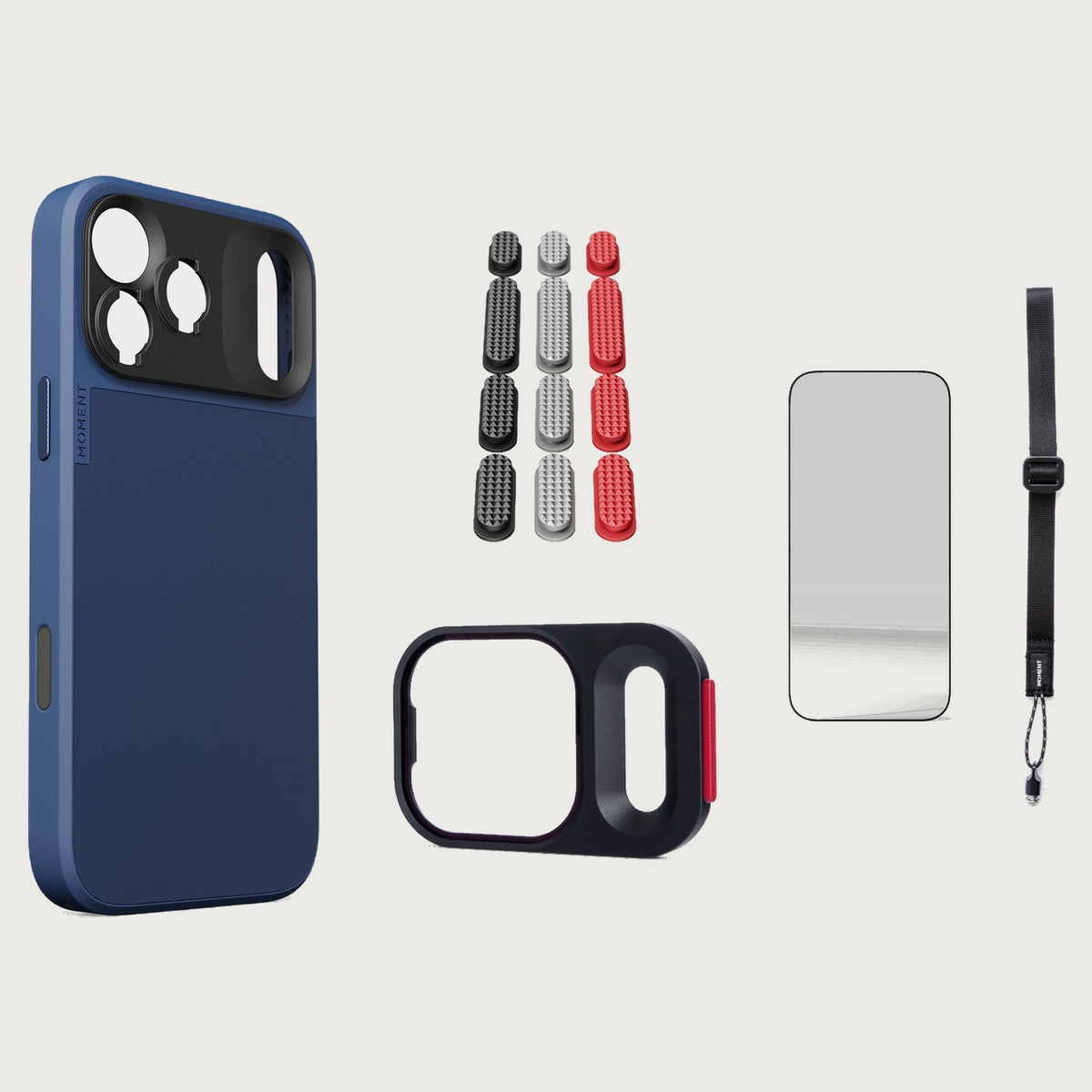 iphone-17-pro-max-case-essentials — Indigo case, Metal Grip Pack, Desert wrist strap