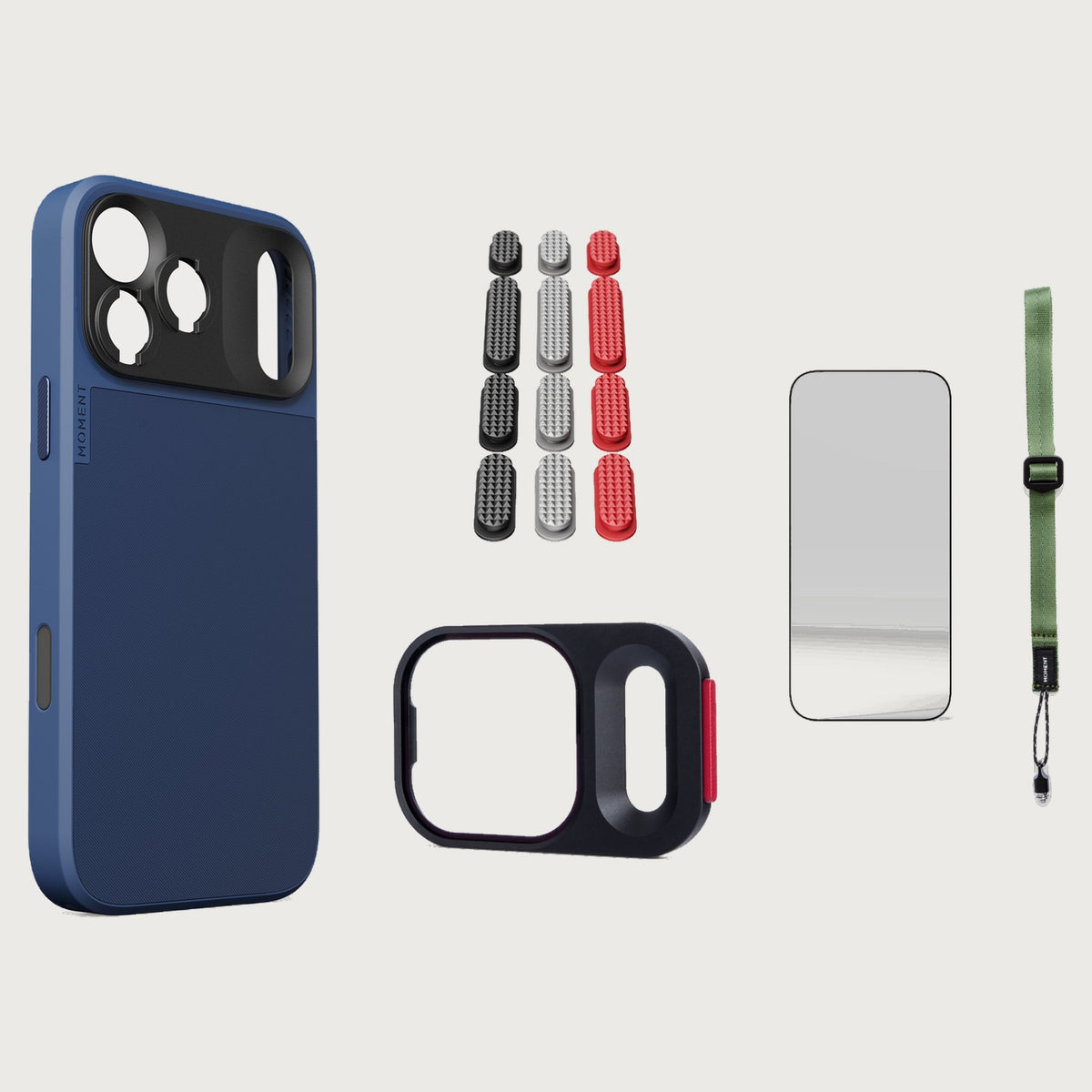iphone-17-pro-max-case-essentials — Indigo case, Metal Grip Pack, Olive wrist strap