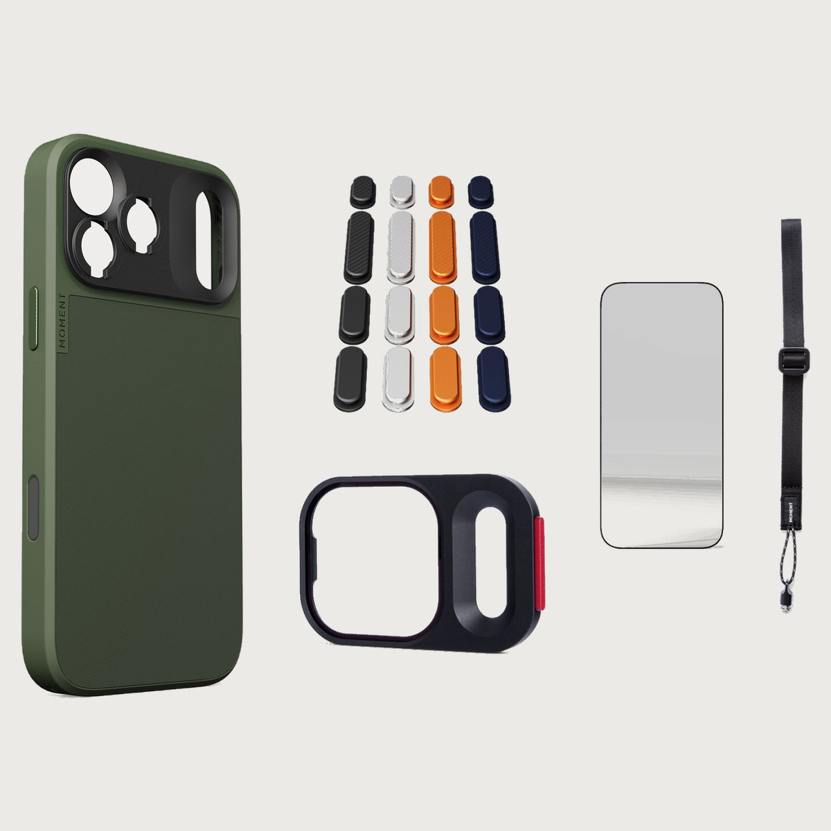 iphone-17-pro-max-case-essentials — Olive case, Apple 2025 Pack, Desert wrist strap