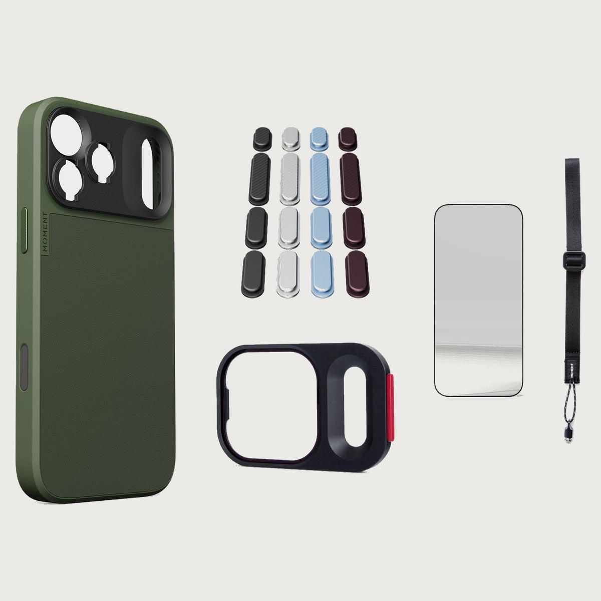 iphone-17-pro-max-case-essentials — Olive case, Apple 2026 Pack, Desert wrist strap