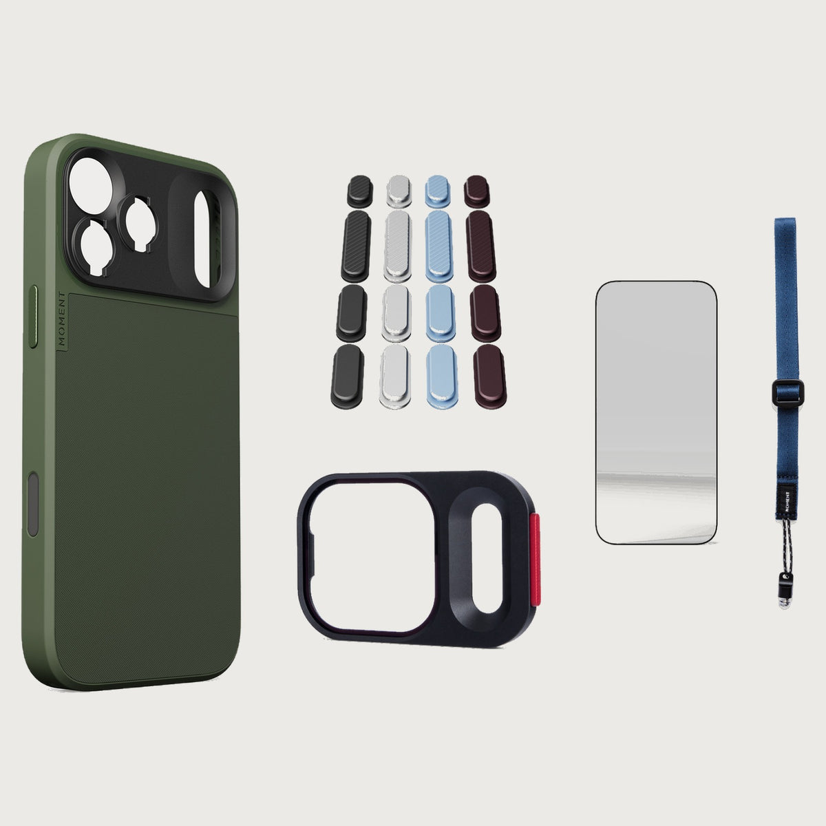 iphone-17-pro-max-case-essentials — Olive case, Apple 2026 Pack, Indigo wrist strap